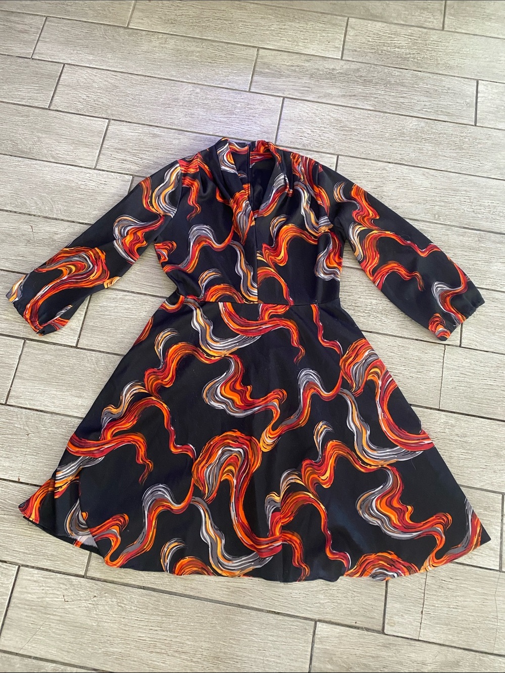 Black Swirl-Print Long Sleeve Fit & Flare Dress - Red, Orange, Gray Accents